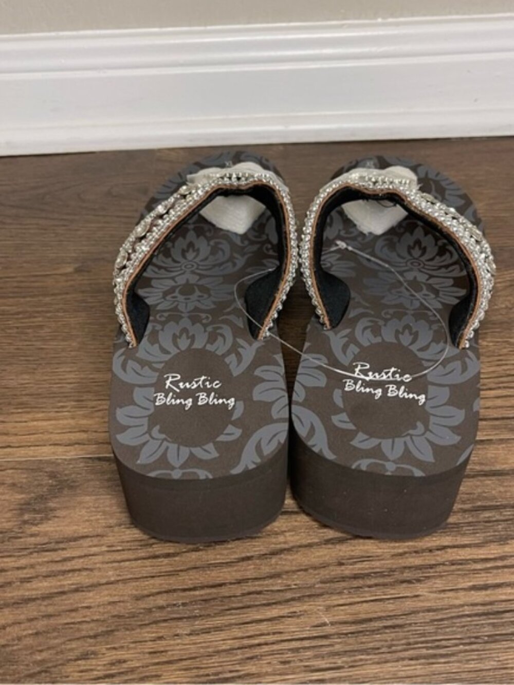 Rustic Bling Bling Wedge Flip Flops Brown Rhinestone Sandals XL- Brand New - Picture 5 of 13